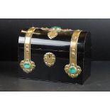 Victorian Black Lacquered Dome Top Stationery Box having Brass Gothic Mounts set with Malachite