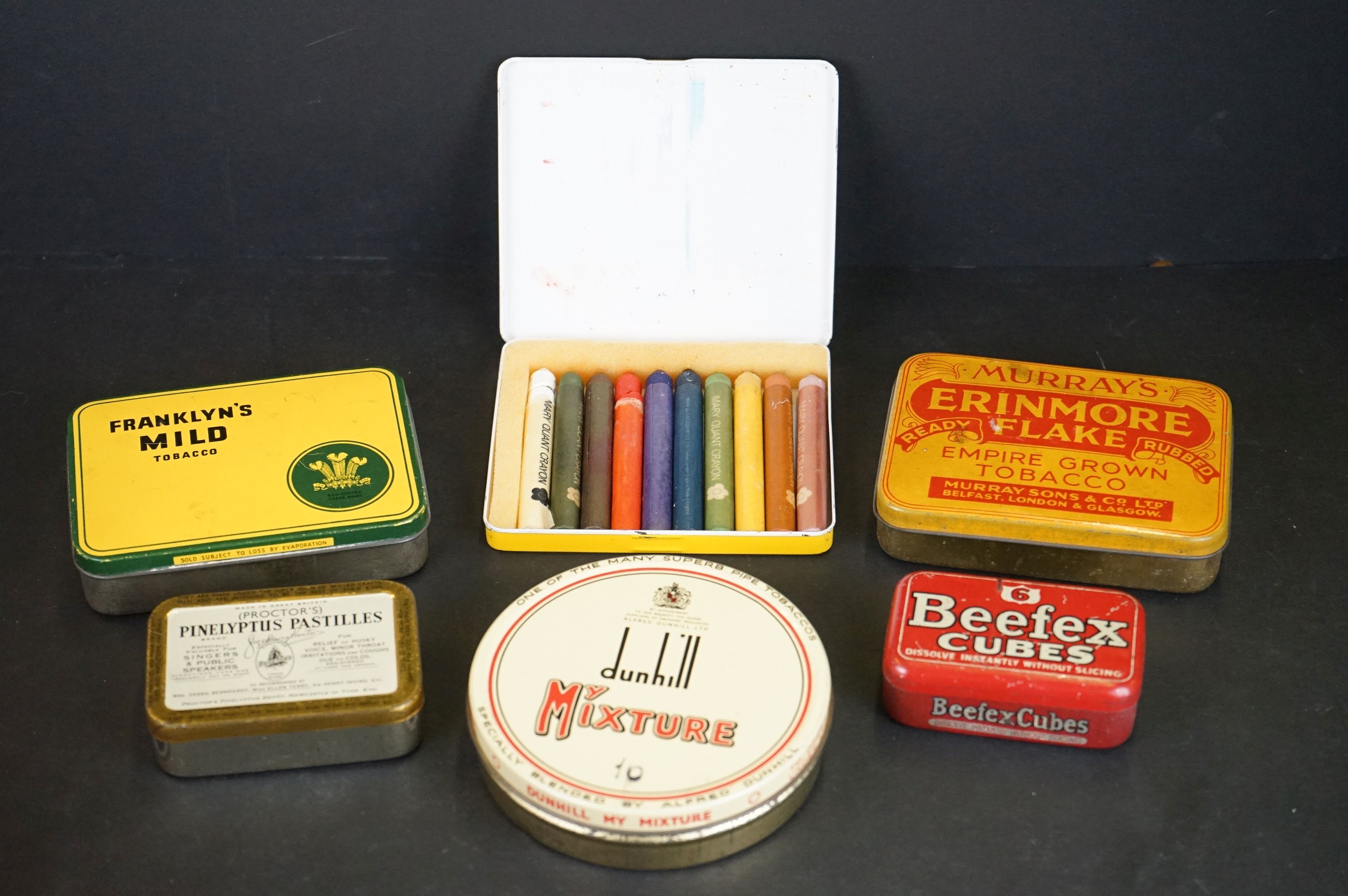 Six Mid century advertising tins to include Dunhill Mixture, Mary Quant Crayon Tin (containing