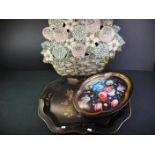 Two antique hand painted floral decorated trays together with a floral pattern guard.