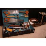 Mid century Wooden Tool Box fitted with various tools including Spear & Jackson Saws, Wooden Handled