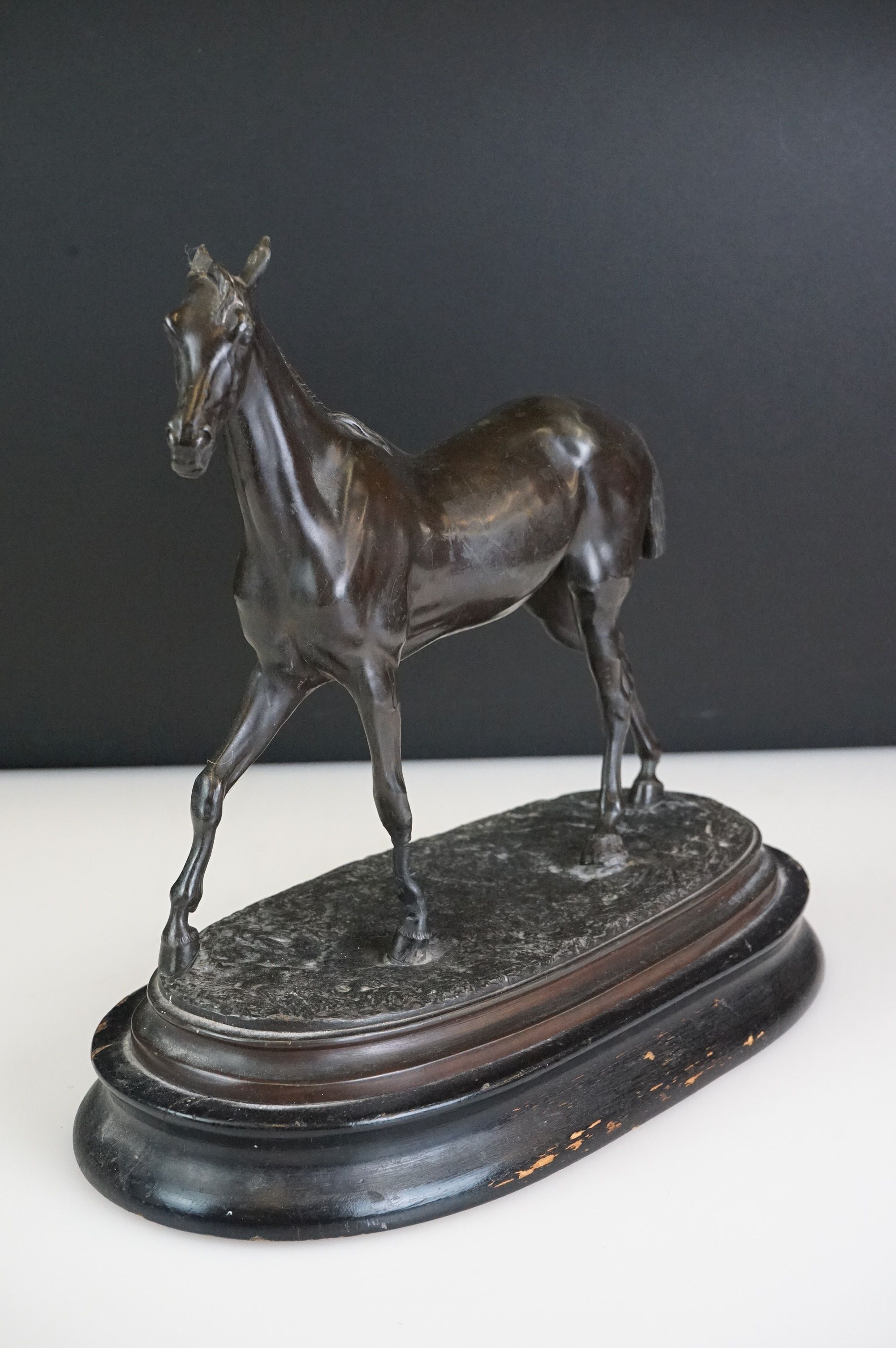 Spelter figure of a horse mid-stride, mounted on a wooden base, approx 27cm high - Image 2 of 5