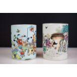 Two Chinese cylindrical brush pots decorated with children and calligraphy