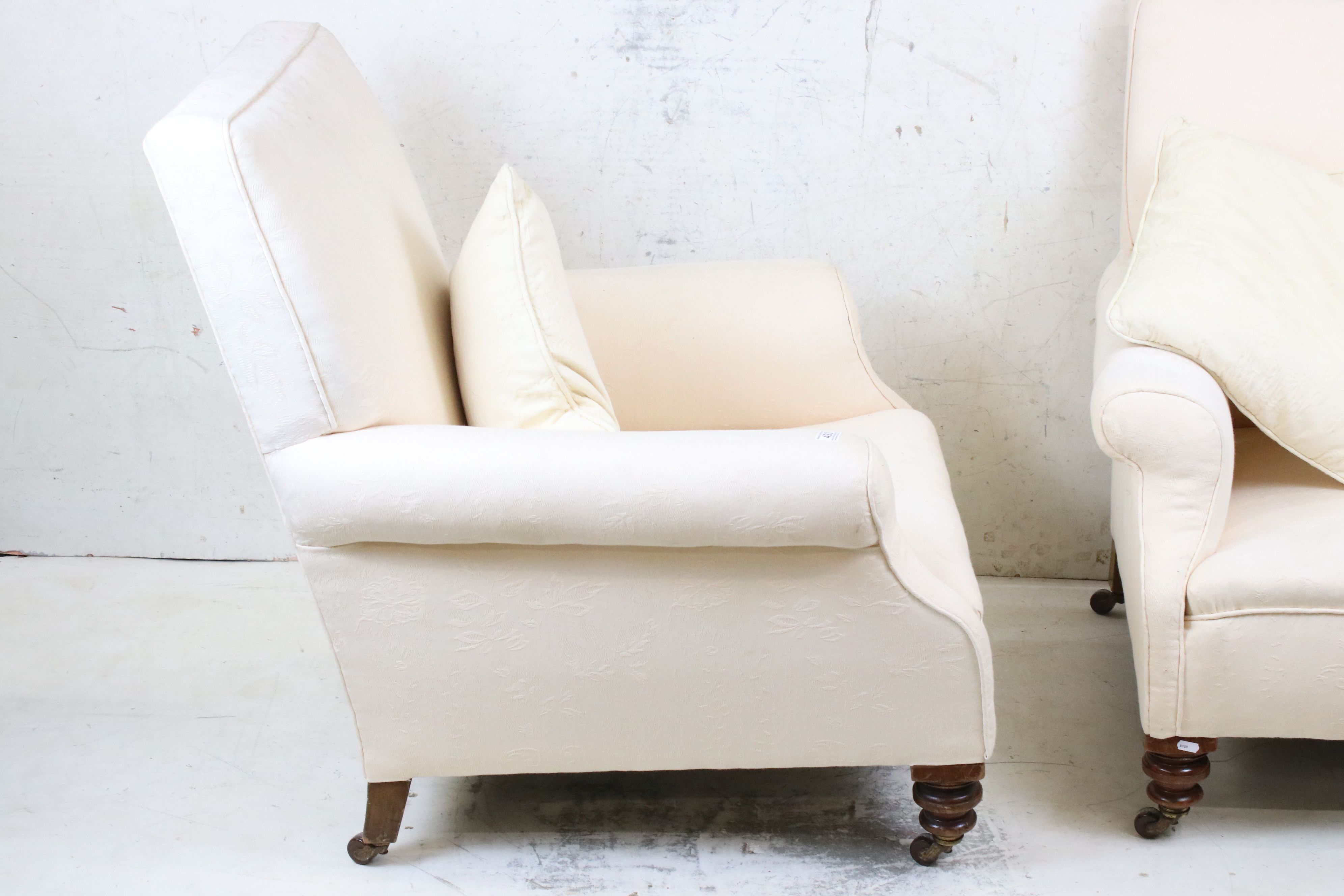 Pair of 19th century Armchairs, upholstered in in cream fabric, raised on turned legs with - Image 2 of 4