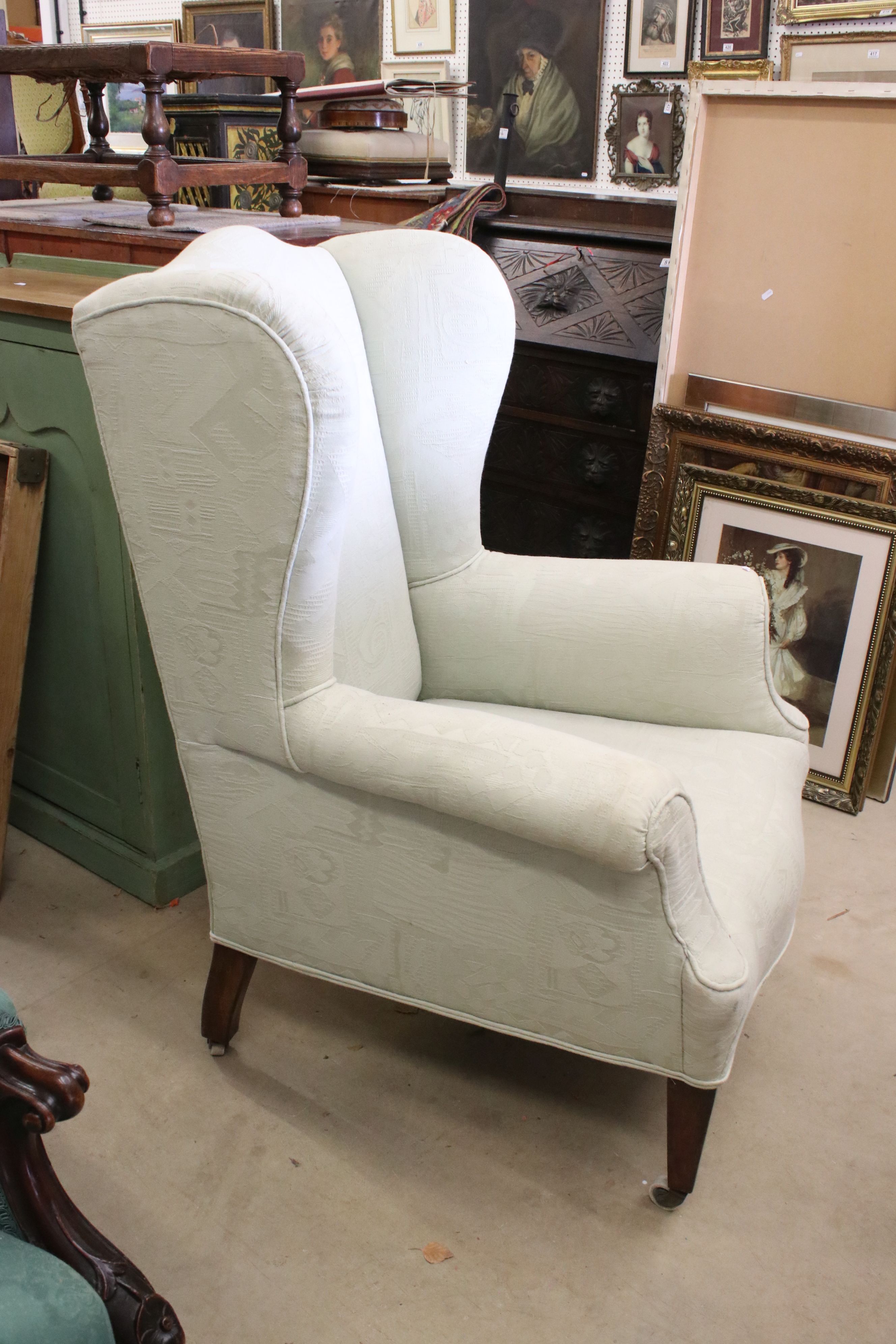 Late 19th / Early 20th century Wing Back Armchair upholstered in pale green fabric and raised on - Image 3 of 3