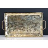 John Pearson Arts & Crafts twin-handled hammered brass tray of rectangular form, impressed J.P to
