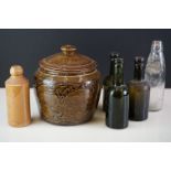 Group of five beer bottles to include a stoneware Malvern Ginger Beer example, a glass Codd