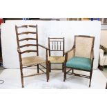 Three Chairs including William Morris style Sussex Rush Seat Chair, Oak Ladder Back Elbow Chair