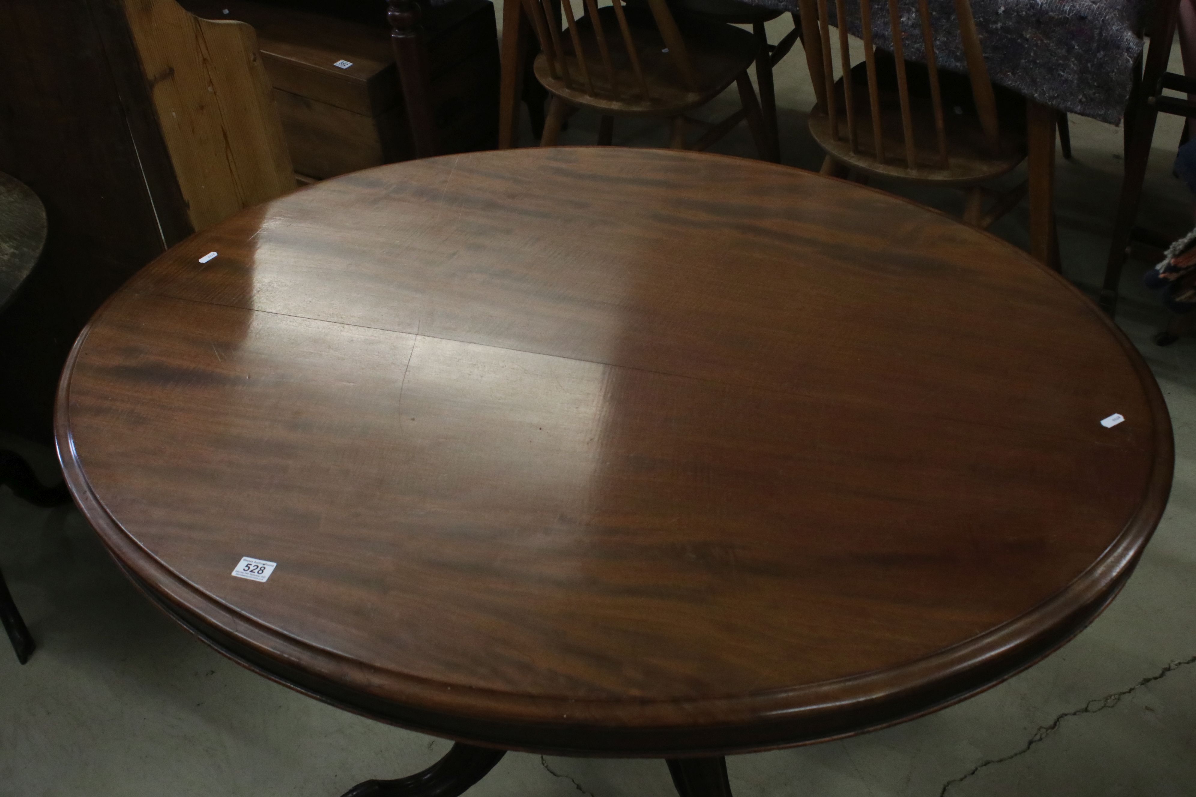 Victorian Mahogany Oval Tilt Top Breakfast Table on bulbous pedestal and four carved scrolling - Image 3 of 5