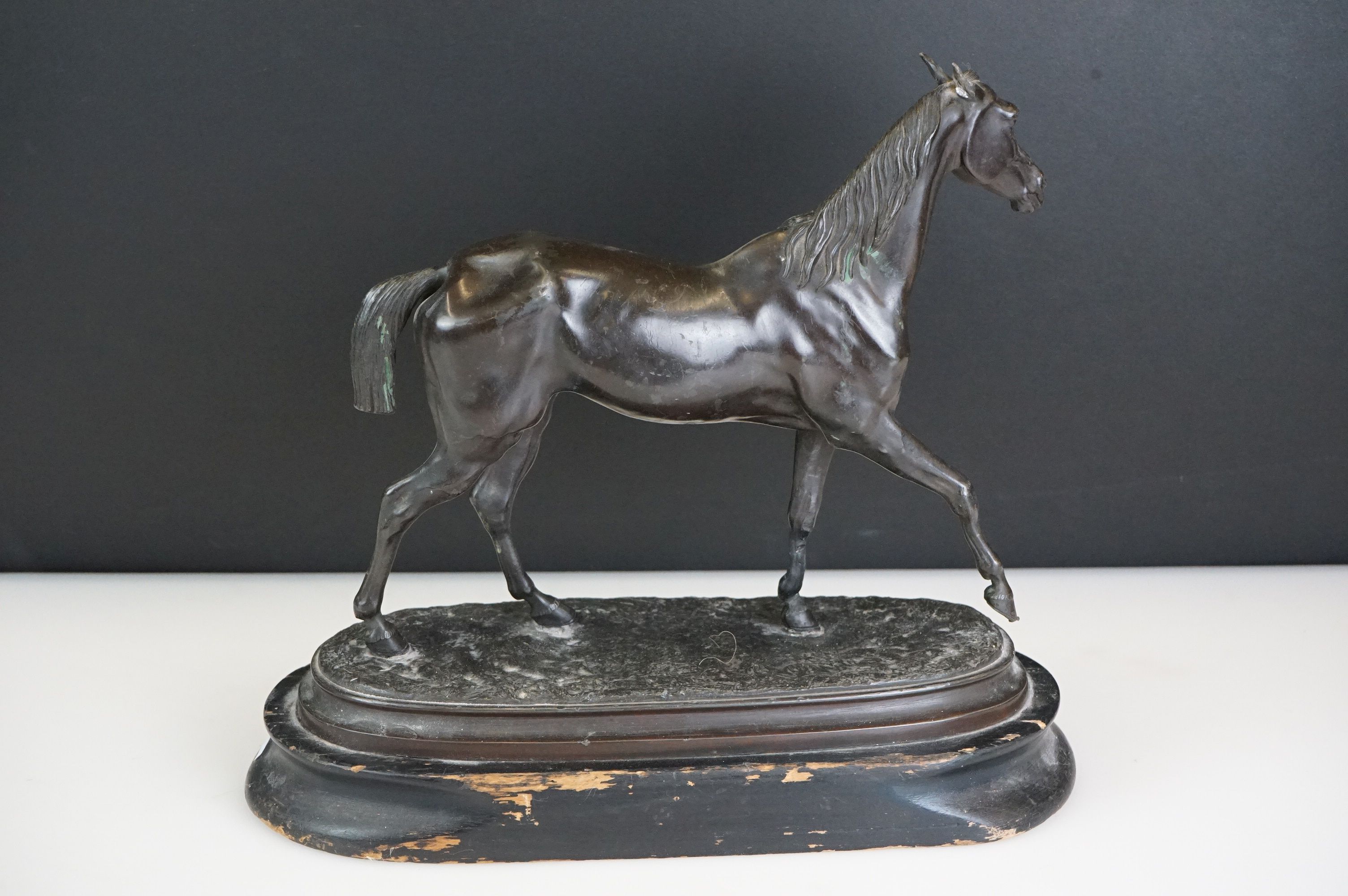 Spelter figure of a horse mid-stride, mounted on a wooden base, approx 27cm high - Image 3 of 5