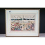 Katsushika Hokusai (1760-1849) a two part Japanese woodblock of a bustling market scene beside the