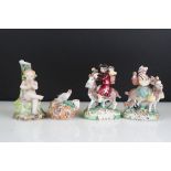 Pair of 19th century Derby style figures, The Welch Tailor and Wife, he seated astride a goat,