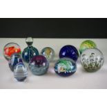 Ten glass paperweights, to include Bristol Blue, Caithness etc