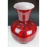 Large contemporary red glass floor vase of baluster form, with white interior, approx 46.5cm high