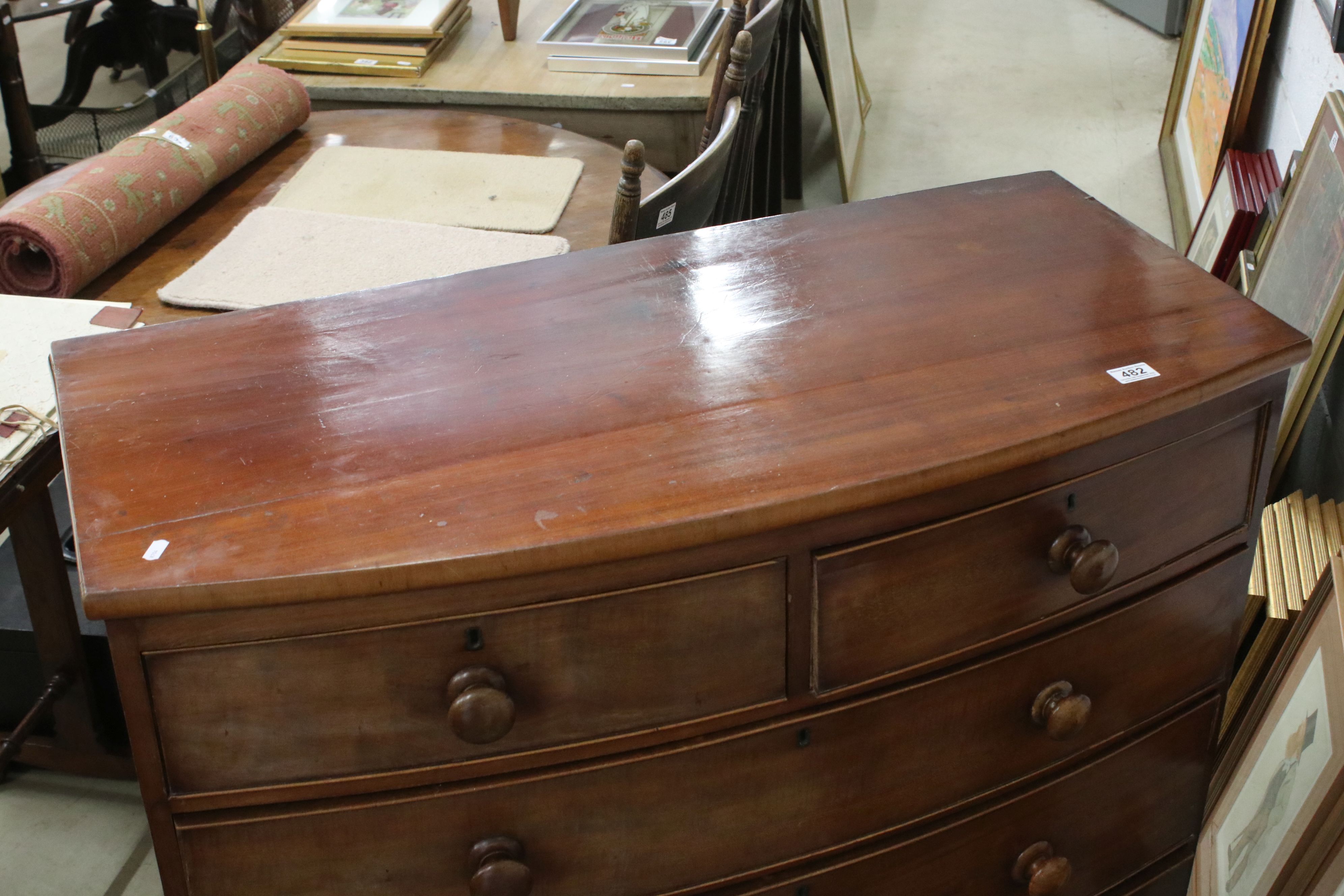 19th century Mahogany Bow Fronted Chest of Two Short over Three Long Drawers raised on swept bracket - Image 2 of 5
