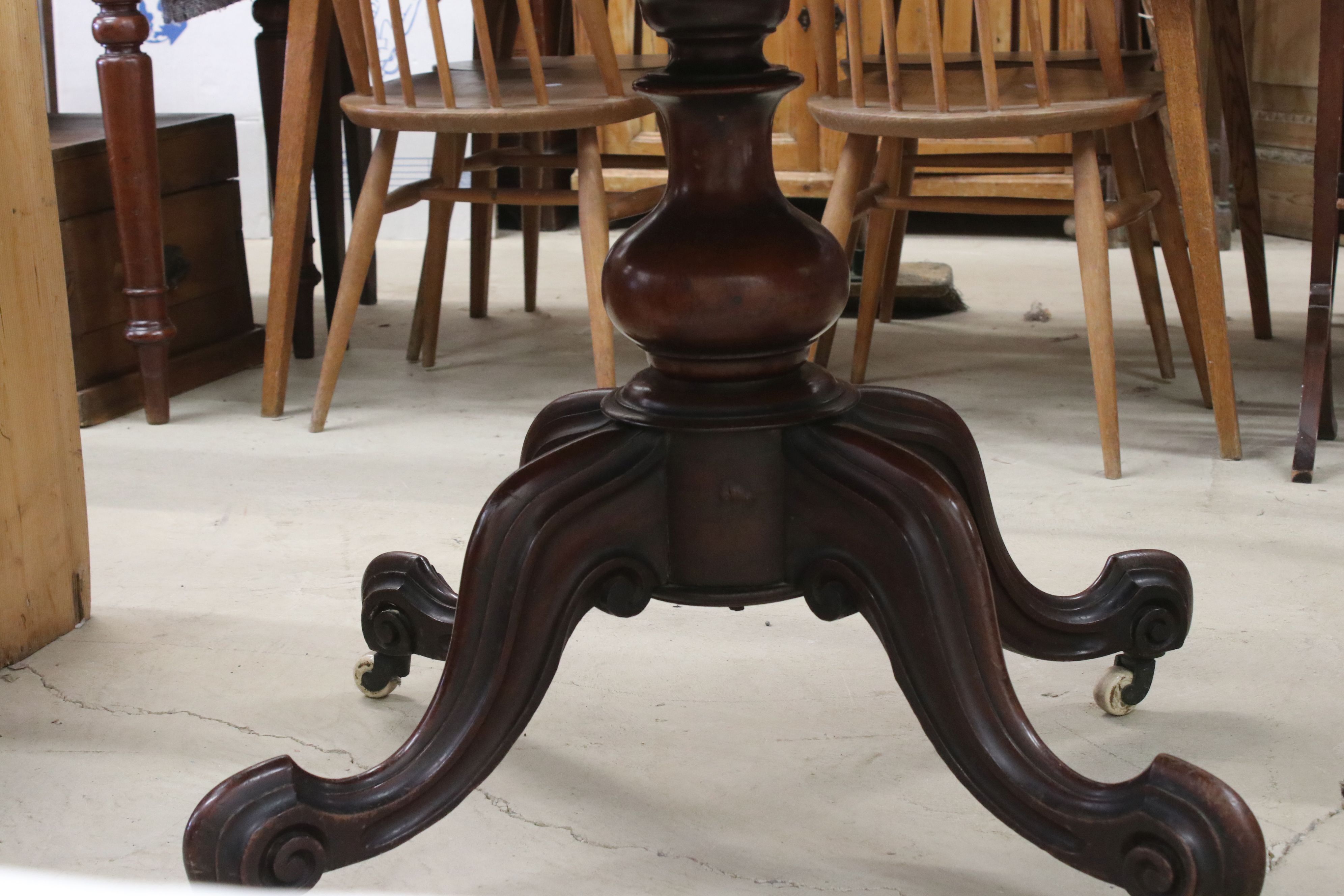 Victorian Mahogany Oval Tilt Top Breakfast Table on bulbous pedestal and four carved scrolling - Image 2 of 5