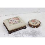 Two Victorian Footstools both with needlework tops, one Inlaid Mahogany Circular Stool 28cm diameter