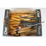 Collection of over 20 woodworking tools to include lathe chisels, rasps and files, featuring