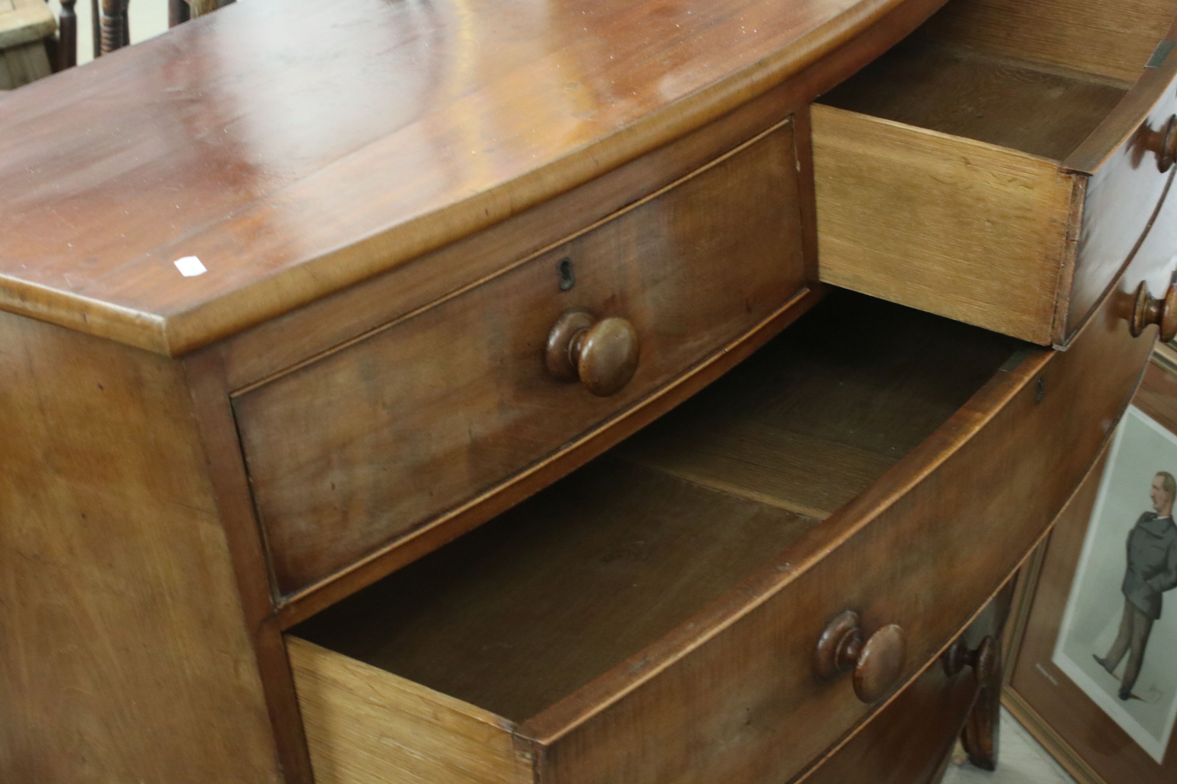 19th century Mahogany Bow Fronted Chest of Two Short over Three Long Drawers raised on swept bracket - Image 4 of 5