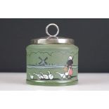 Taylor & Tunnicliffe pottery jam pot, depicting a Dutch scene on a textured green ground, approx.