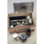 A collection of mixed silver plate and pewter ware to include tankards, cutlery, tray, trophy...etc.