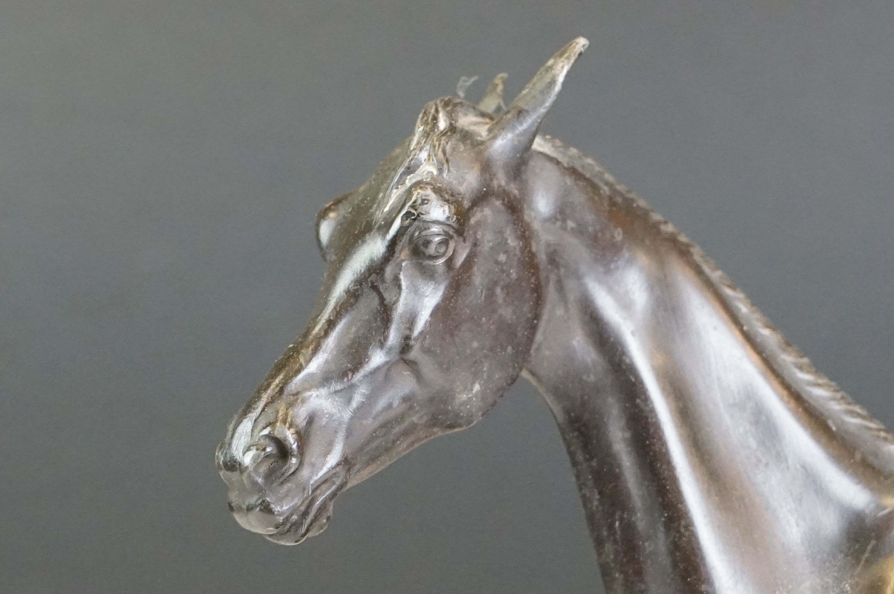 Spelter figure of a horse mid-stride, mounted on a wooden base, approx 27cm high - Image 4 of 5