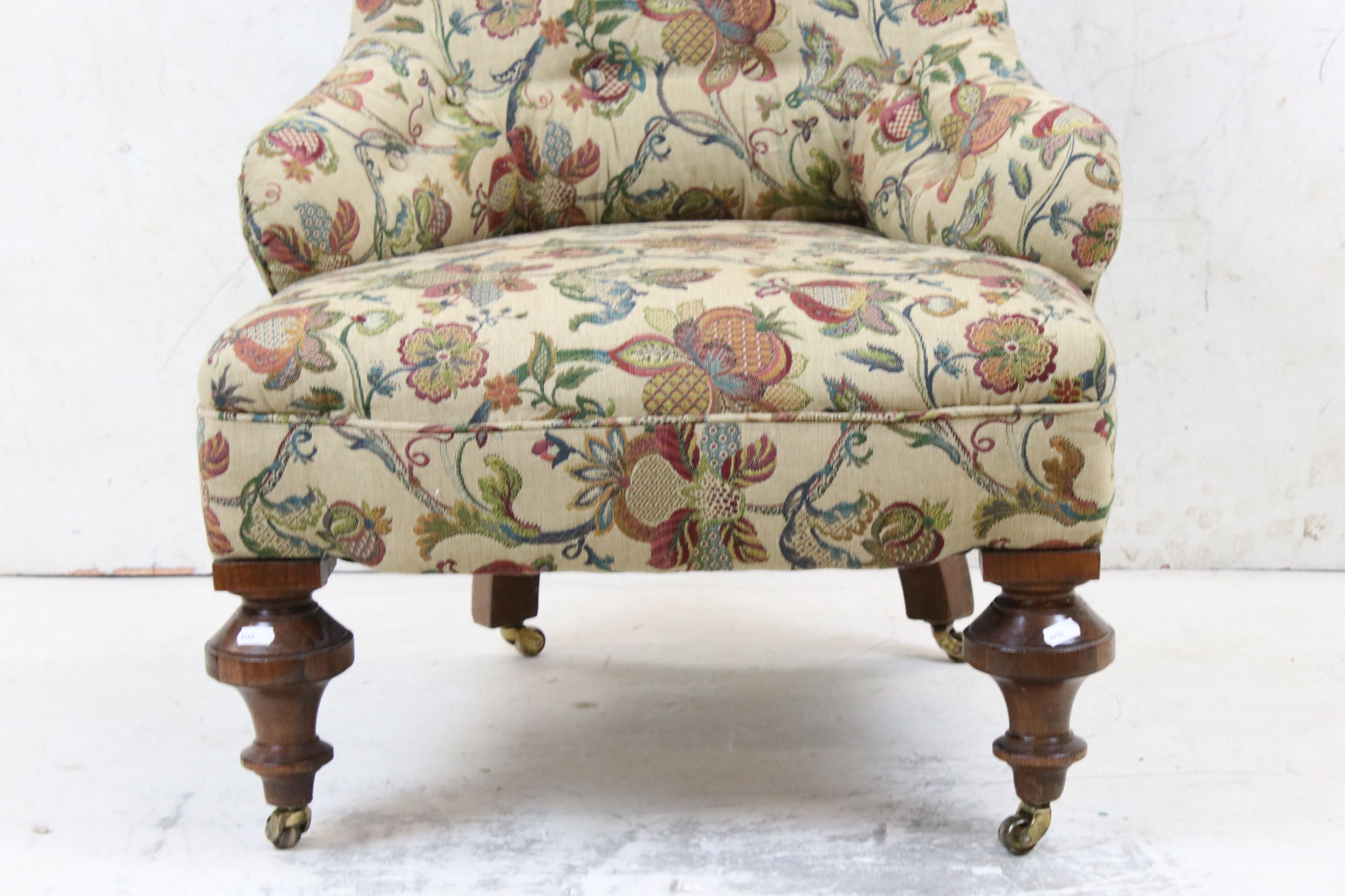 Victorian Button Back Nursing Chair with turned front legs and castors, 57cm wide x 82cm high - Image 2 of 4