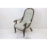 Victorian Armchair with pale green button back upholstery and open Rosewood Show Frame, raised on