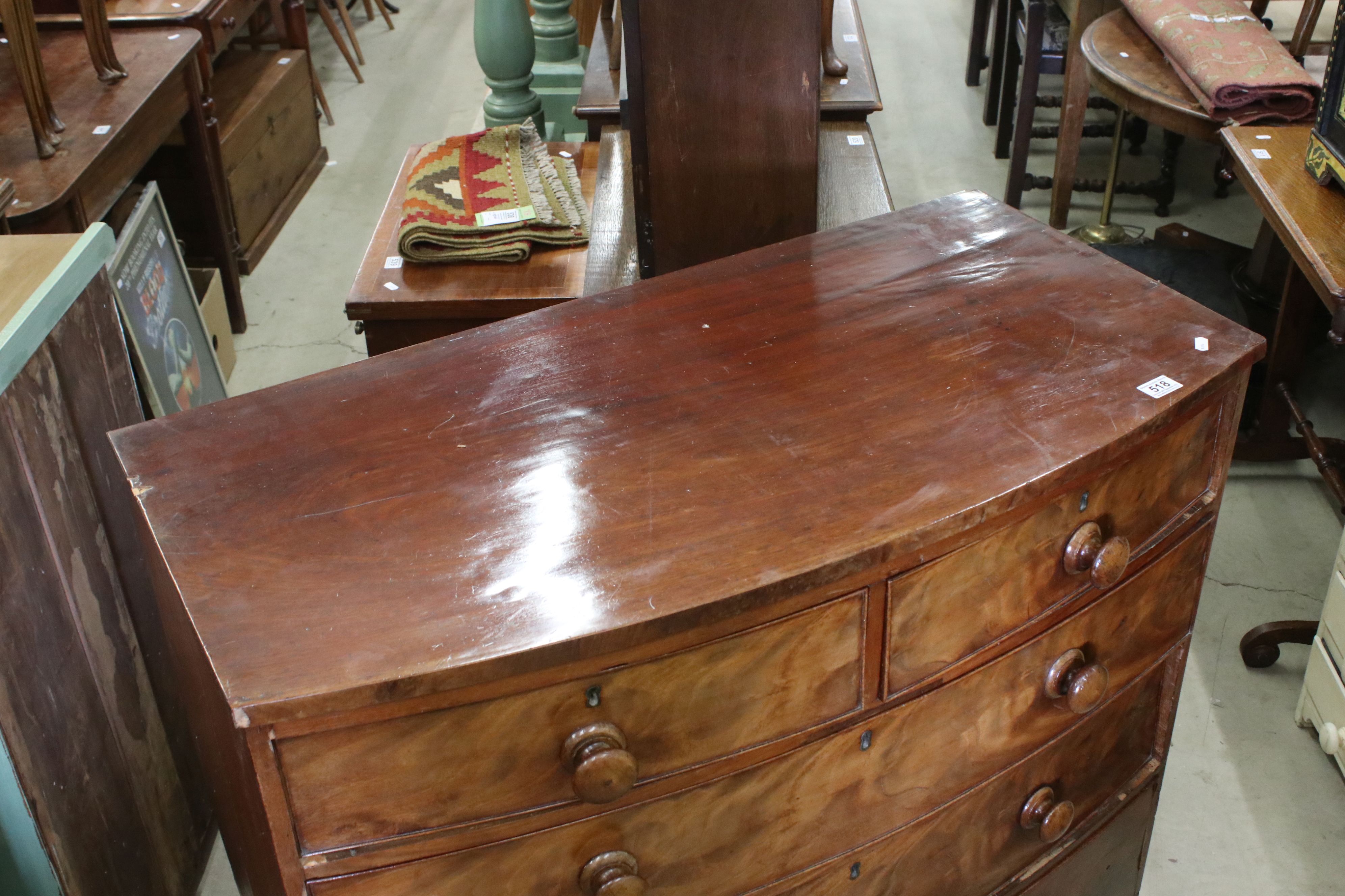 19th century Mahogany Bow Front Chest of Two Short over Three Long Drawers, raised on swept - Image 3 of 7