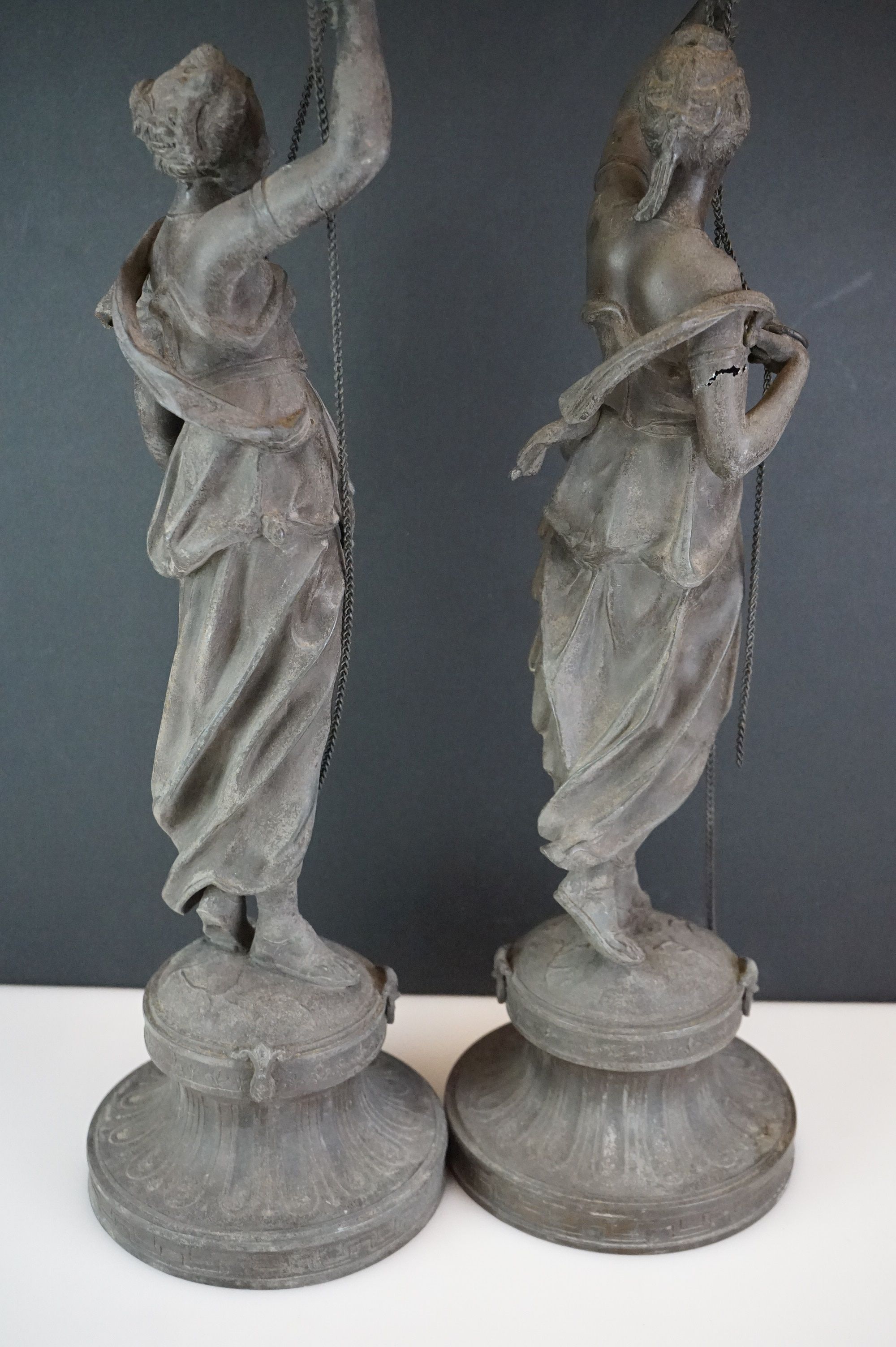 Pair of spelter candlesticks, the stems cast as classical maidens on pedestals, approx 60cm high ( - Image 12 of 15