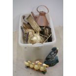 A collection of mixed metal ware to include brass kettles, copper jug, cast iron door stop ...etc..