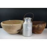 Two vintage wooden dairy bowls & a small milk churn