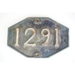 Railway interest - Cast iron octagonal 1291 numbered sign, possibly from a railway bridge, approx