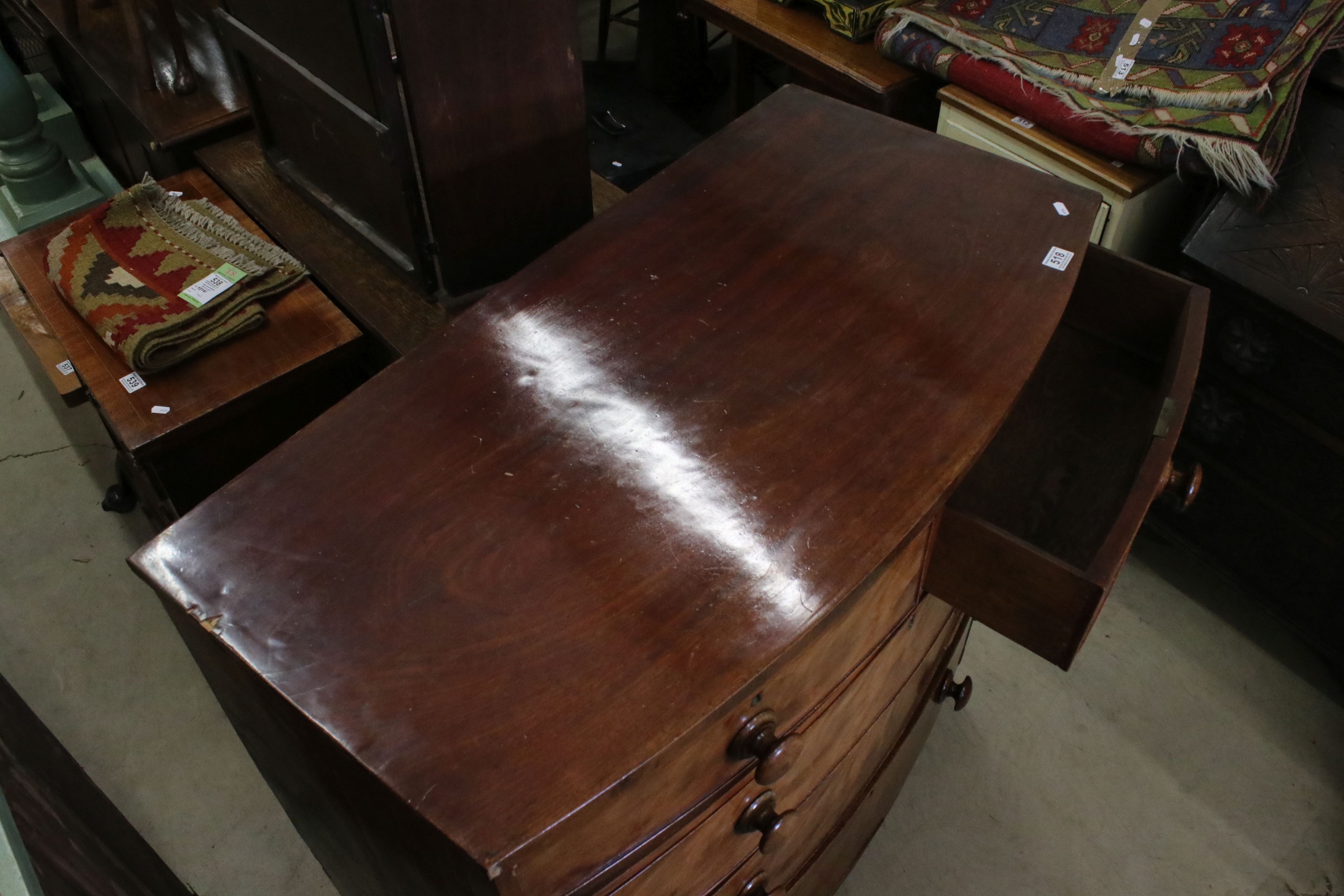 19th century Mahogany Bow Front Chest of Two Short over Three Long Drawers, raised on swept - Image 7 of 7
