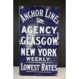 Original Anchor Line enamel advertising sign, reads ' Anchor Line, Agency Glasgow to New York