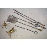 19th century polished steel three piece fireside companion set with cast brass handles with