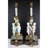 Pair of 19th century Wedgwood majolica type large table lamps, the stems depicting tree trunks, each