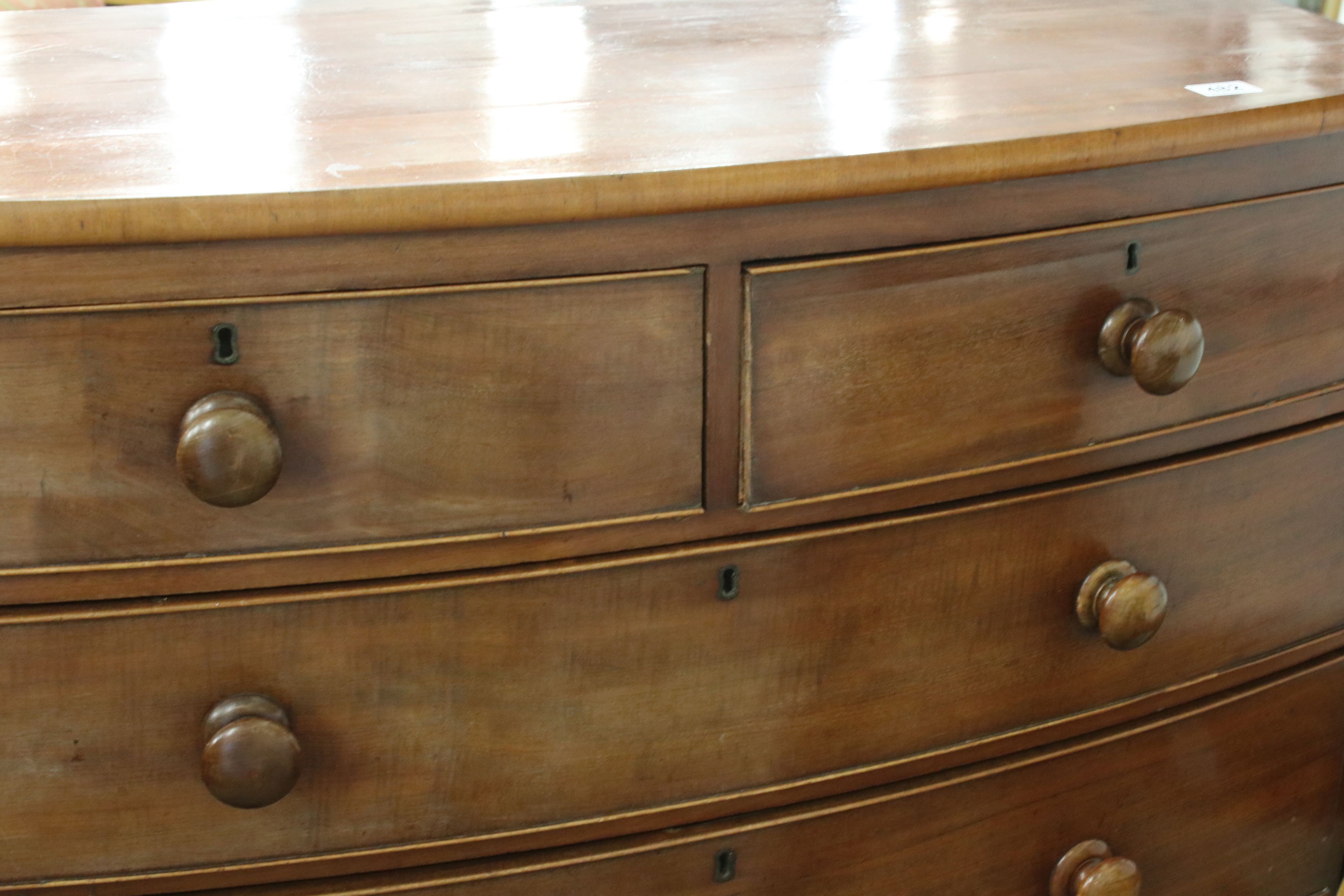 19th century Mahogany Bow Fronted Chest of Two Short over Three Long Drawers raised on swept bracket - Image 3 of 5