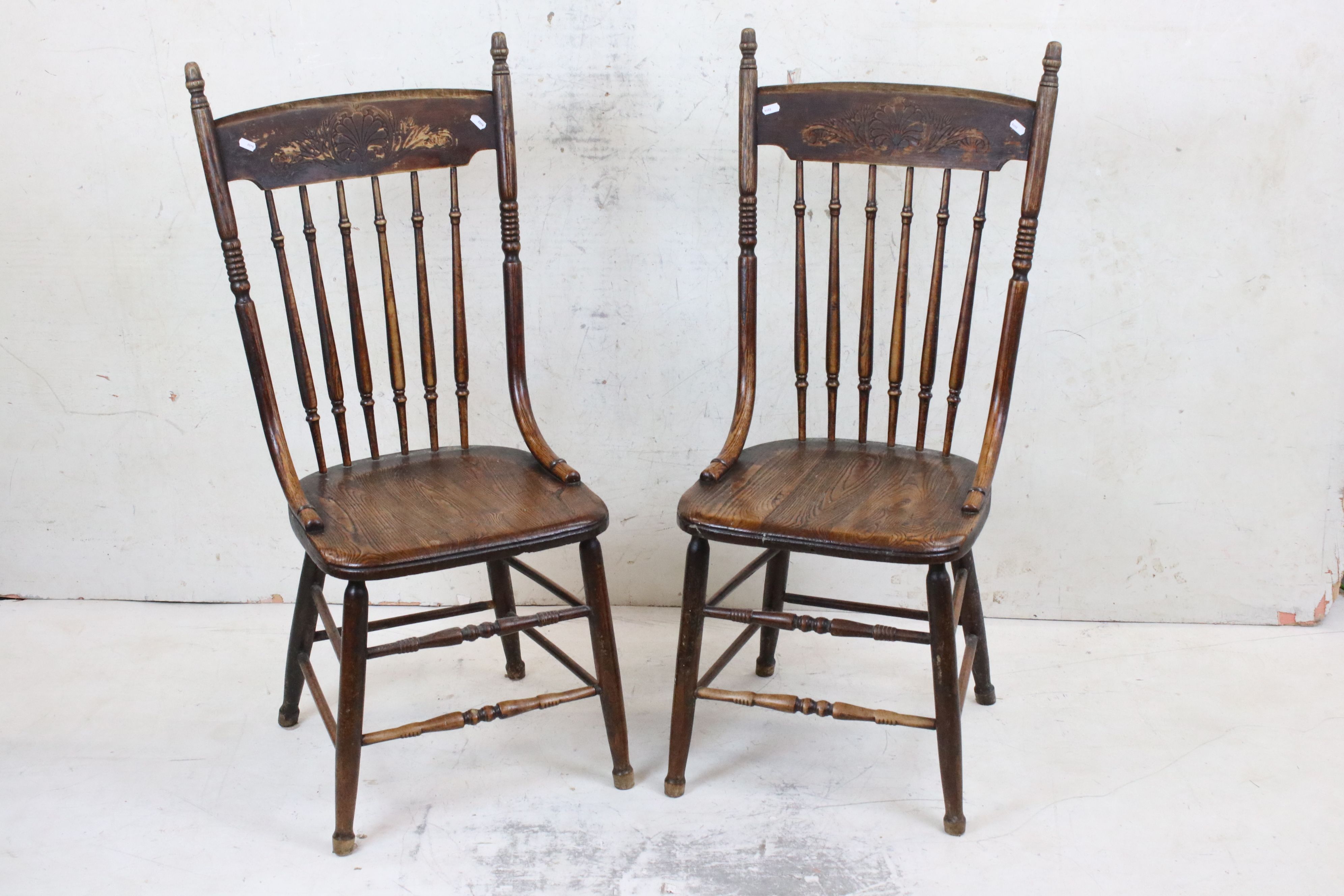 Pair of Early 20th century Elm Seated Stick Back and Bentwood Dining Chairs