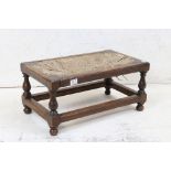 Early 20th century Oak Footstool in the 17th century manner with rush top, 60cm long x 29cm high