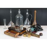 Group of mixed collectables to include a wooden standish with twin lidded glass inkwells, carver's