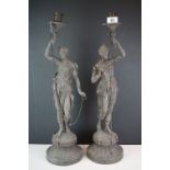 Pair of spelter candlesticks, the stems cast as classical maidens on pedestals, approx 60cm high (