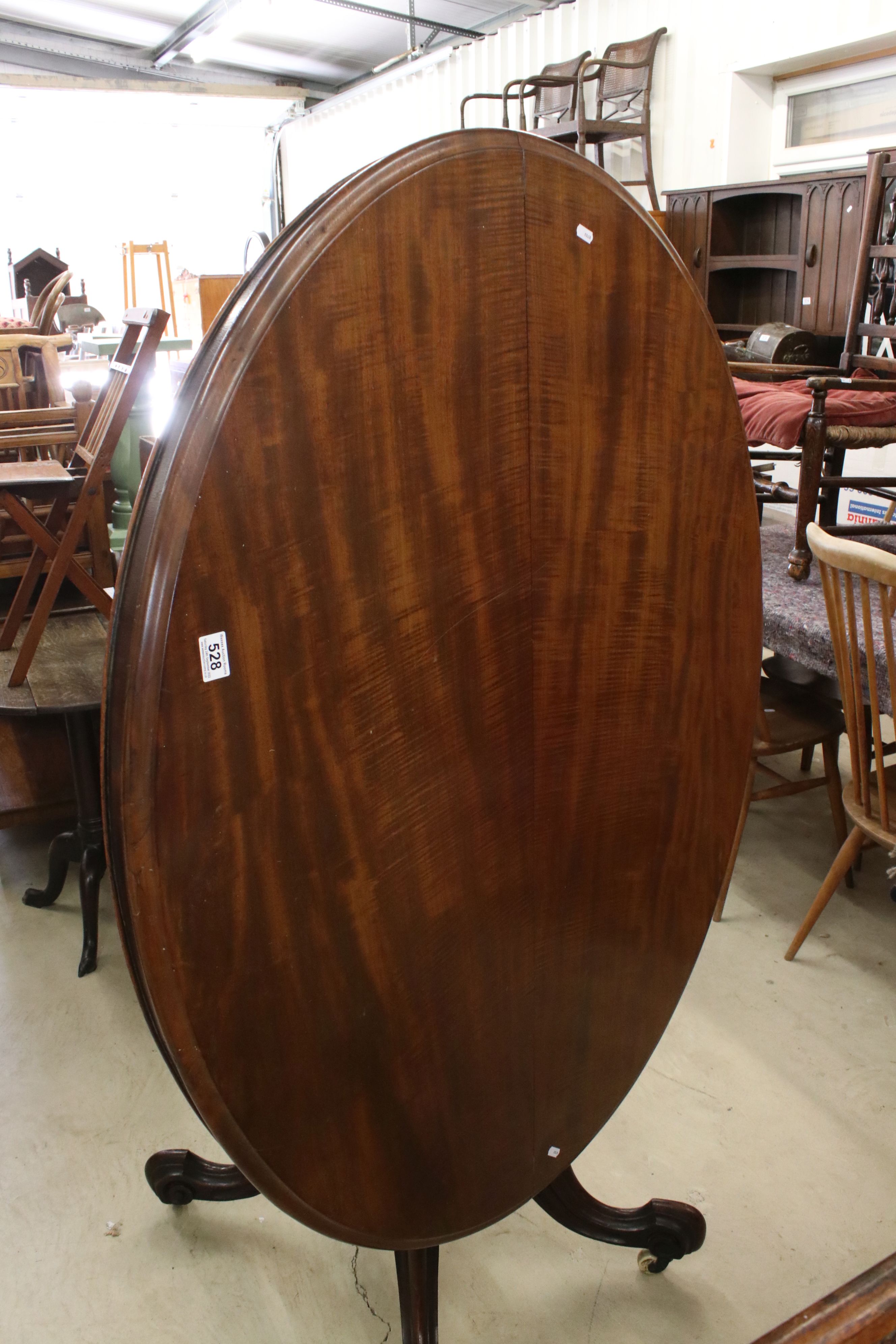 Victorian Mahogany Oval Tilt Top Breakfast Table on bulbous pedestal and four carved scrolling - Image 5 of 5