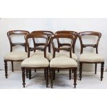 Set of Six Victorian Mahogany Dining Chairs with stuff over seats, raised on turned fluted front