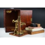 Late 19th Century Baker of London brass monocular Y-stand microscope in wooden case, engraved makers