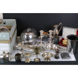 Mixed Lot of Silver Plate including Pair of Candlesticks, Cockerels, Cloche, Lidded Tureens, Hip