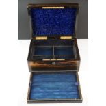 Victorian coromandel wood jewellery box with brass inlay & blue velvet interior