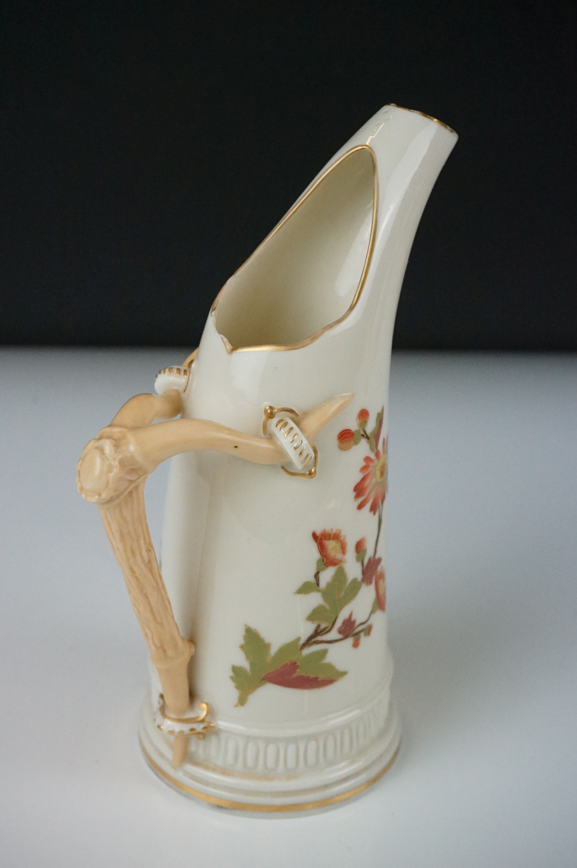 Royal Worcester blush ivory tusk-shaped jug painted with flowers, with gilt borders, 19cm high, - Image 2 of 12