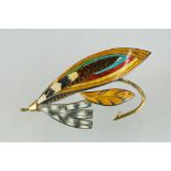 A fully hallmarked sterling silver and enamel brooch in the form of a fishing fly.