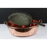 Antique Copper Twin Handled Cooking / Jam Pan, 36cm diameter together with an Antique Copper Skillet