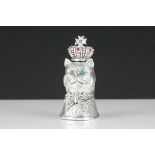 Silver plated royal vesta case in the form of a cat with emerald eyes and ruby crown